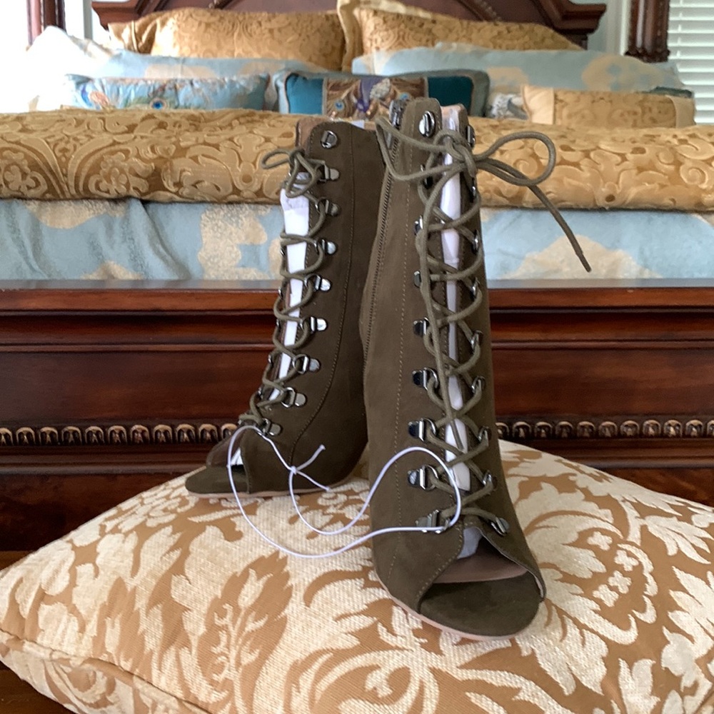 NWT “Wild Pair” open toe 4” heel olive drab ankle front tie boots